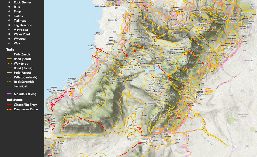Topographic visitor map of Table Mountain National Park showing trails, roads, terrain and key points of interest.