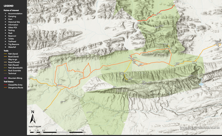 Topographic visitor map of Anysberg Nature Reserve showing trails, roads, terrain and key points of interest.