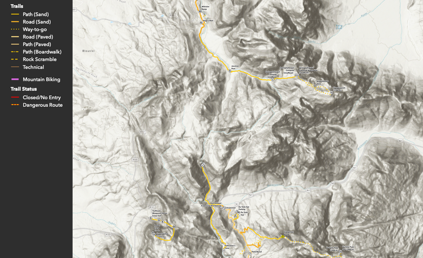 Topographic visitor map of Limietberg Nature Reserve showing trails, roads, terrain and key points of interest.