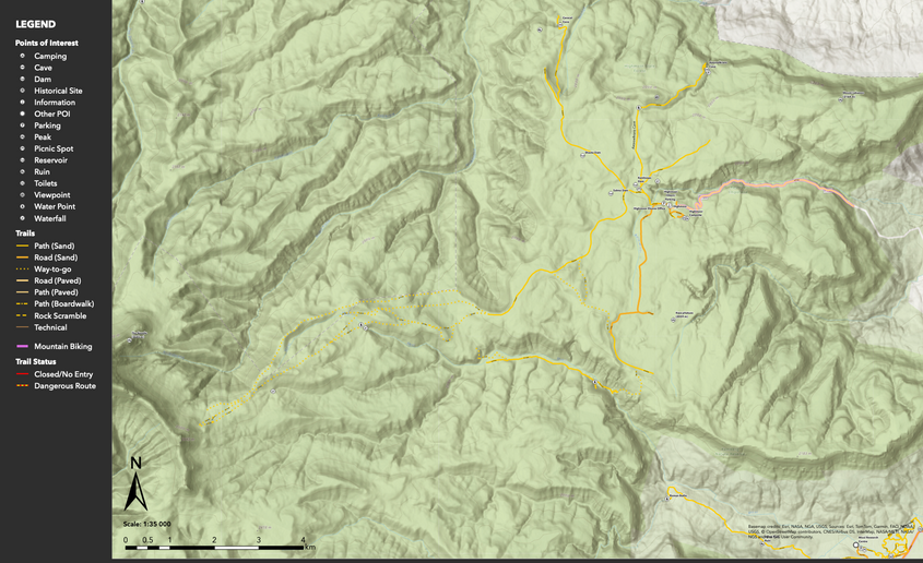 Topographic visitor map of Highmoor showing trails, roads, terrain and key points of interest.