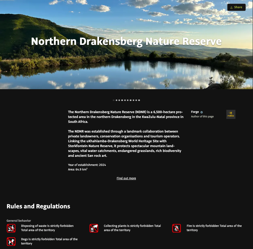 Scenic lake and green mountains banner on webpage titled Northern Drakensberg Nature Reserve, with rules and regulations below.