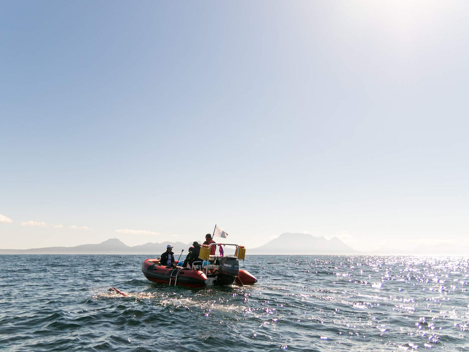 A rubber-duck boat on the ocean in False Bay, Cape Town.
