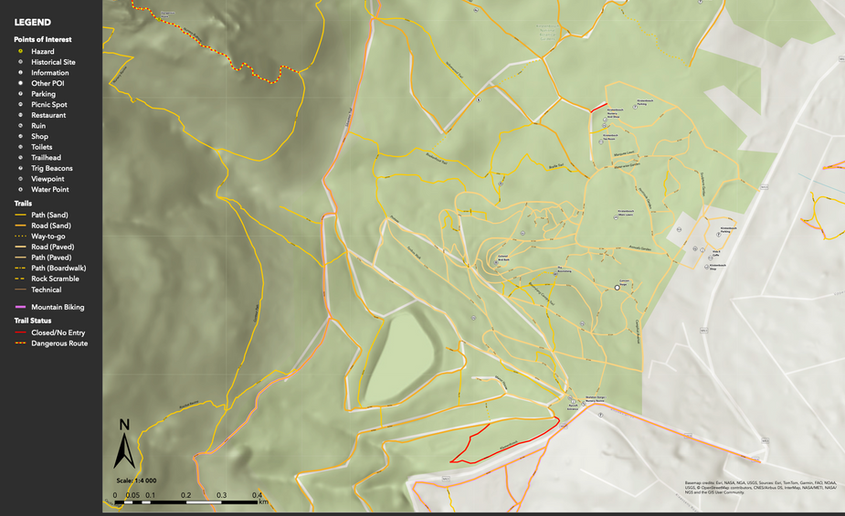 Topographic visitor map of Kirstenbosch National Botanical Garden showing trails, roads, terrain and key points of interest.