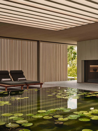 Tranquil spa with pool and lounge chairs