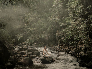 Person bathing in a misty jungle stream