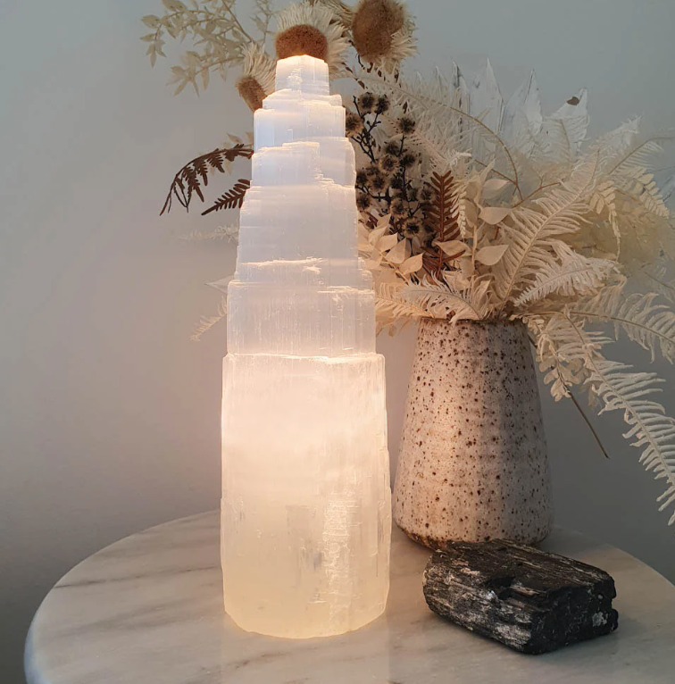 Prospectors has a great selection of selenite items including table lamps like this one (and at great prices, too). I love mine!