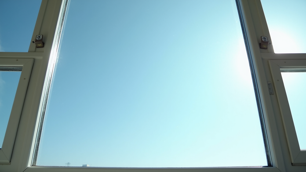 Eye-level view of a sparkling clean window with a clear blue sky in the background