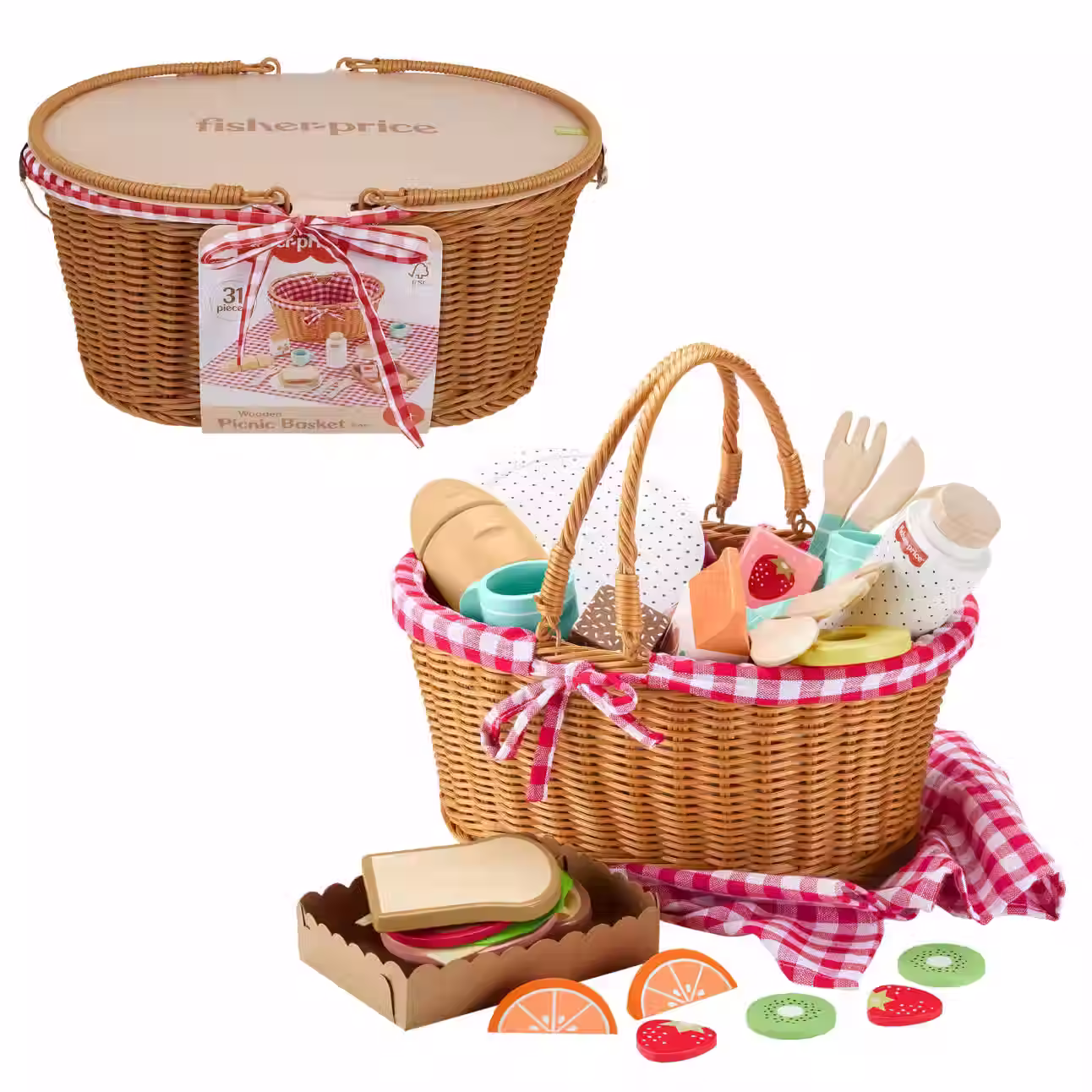 Fisher-Price Wooden Picnic Basket & Food Pretend Play Set for Preschool Kids