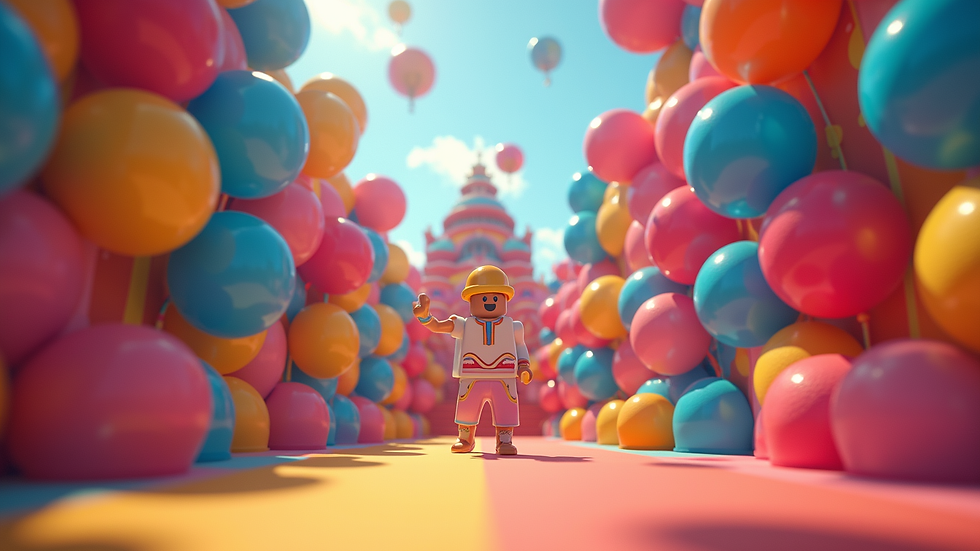 Eye-level view of a colorful Roblox pageantry stage with vibrant decorations