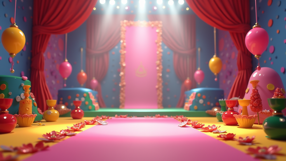 Eye-level view of a colorful Roblox pageant stage adorned with decorations
