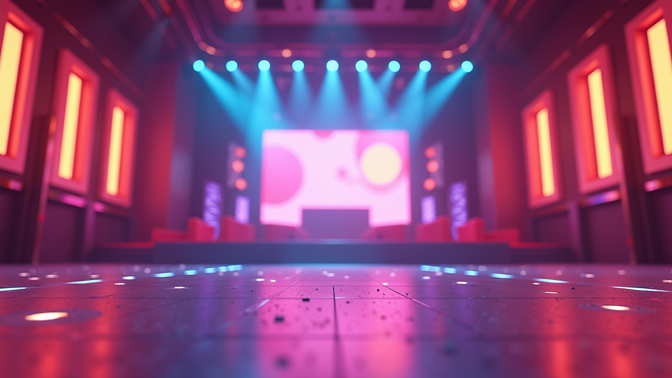 Eye-level view of a colorful Roblox-themed stage with bright lights