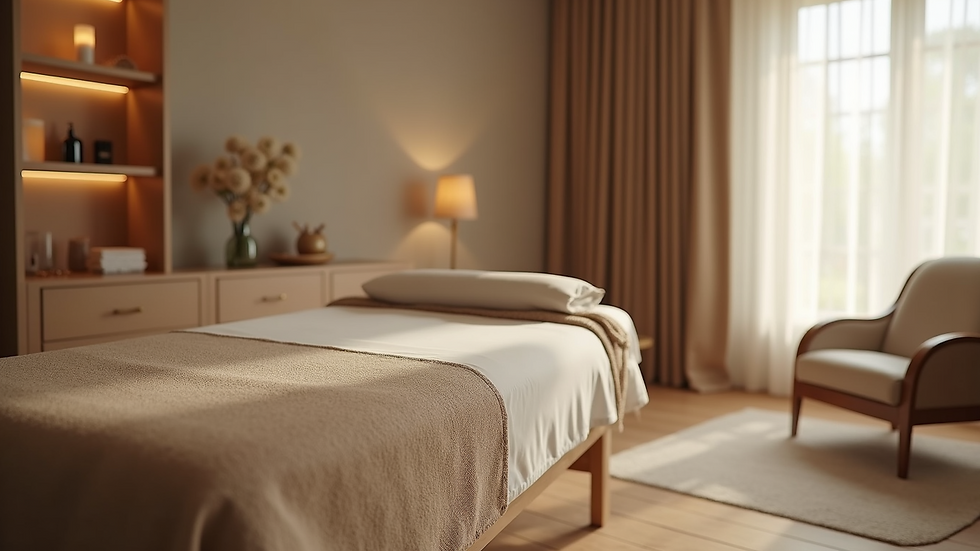 Eye-level view of a massage room with a comfortable chair and calming decor