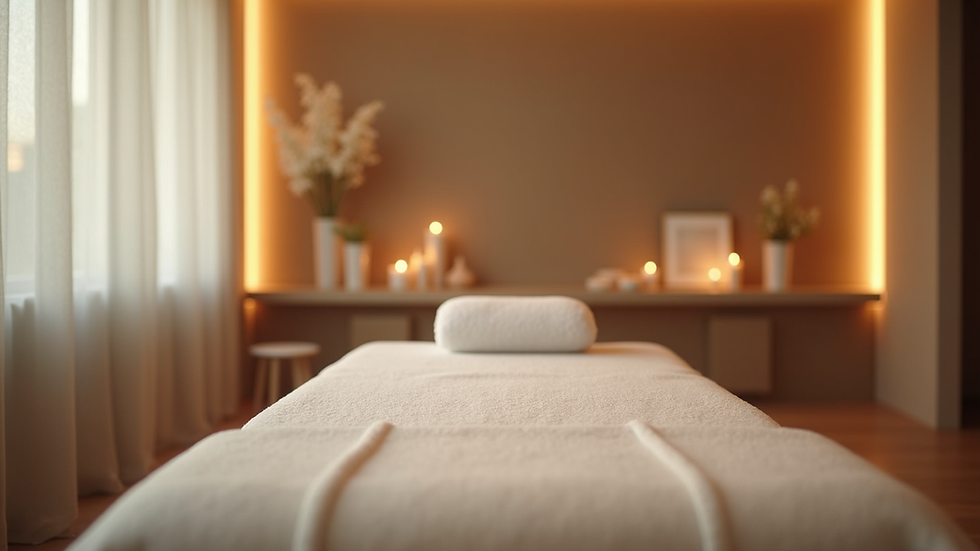 Eye-level view of a massage room with calming decor and a massage table