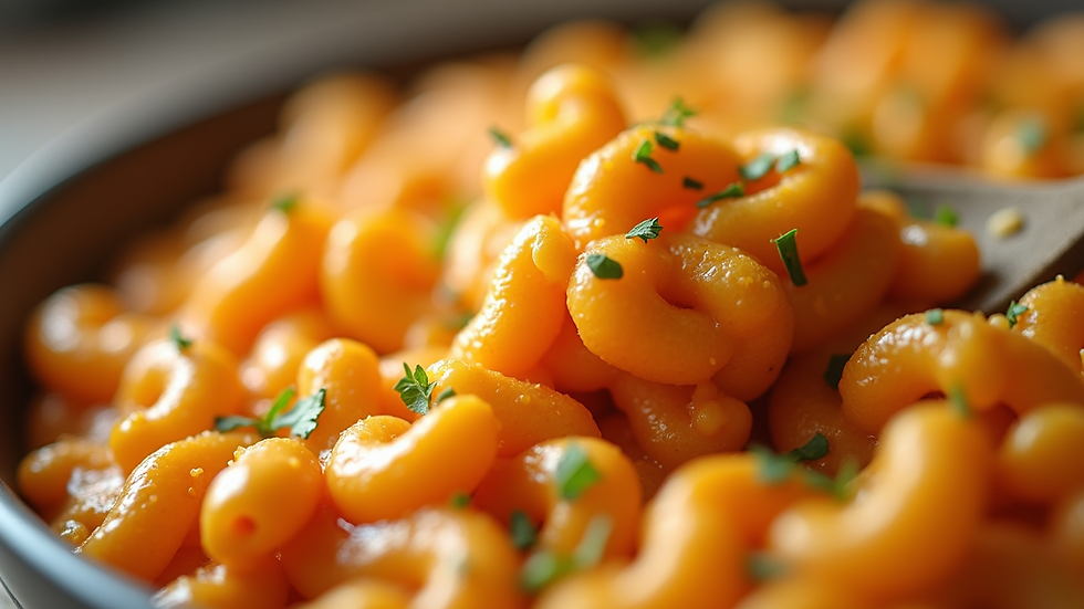 Close-up view of a spicy mac and cheese dish with a swirl of hot sauce
