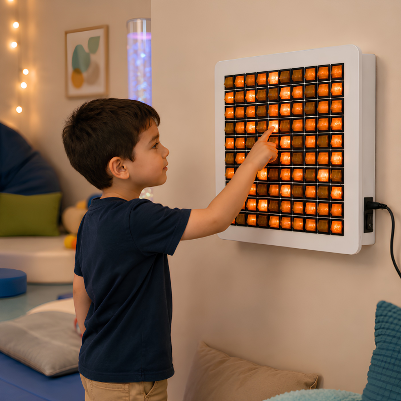 Child pressing a lit switch on a wall-mounted sensory switch board