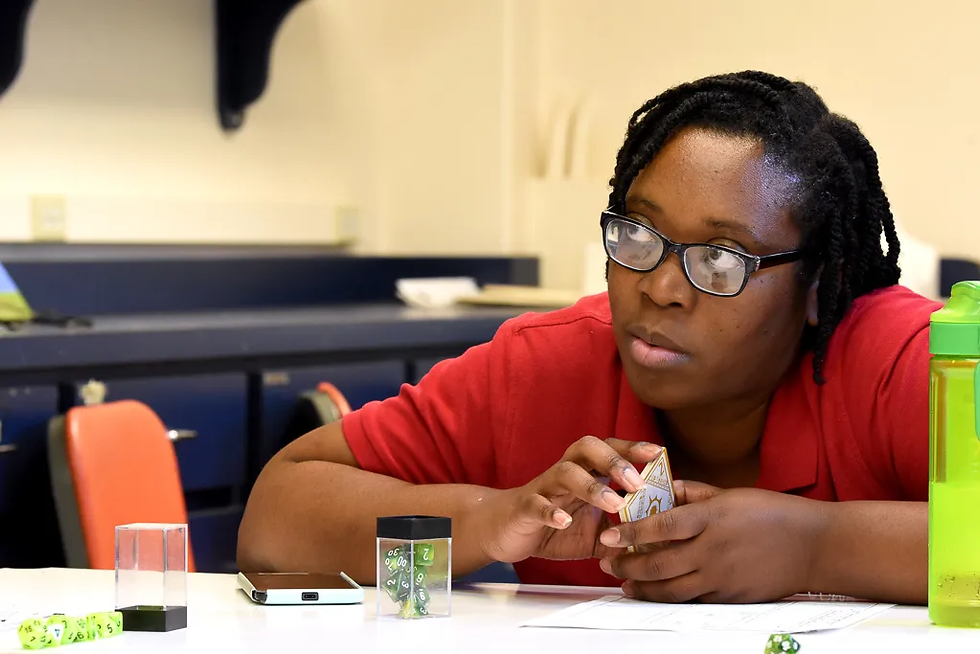 U.S. Navy Veteran Jamie Ferguson engages in a Dungeons & Dragons session as part of group therapy at the Dallas VA Medical Center. (Photo by Jennifer Roy/VA North Texas Health Care System, 2019)