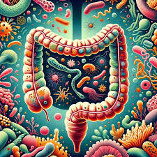 A colorful illustration of the human digestive system with friendly bacteria