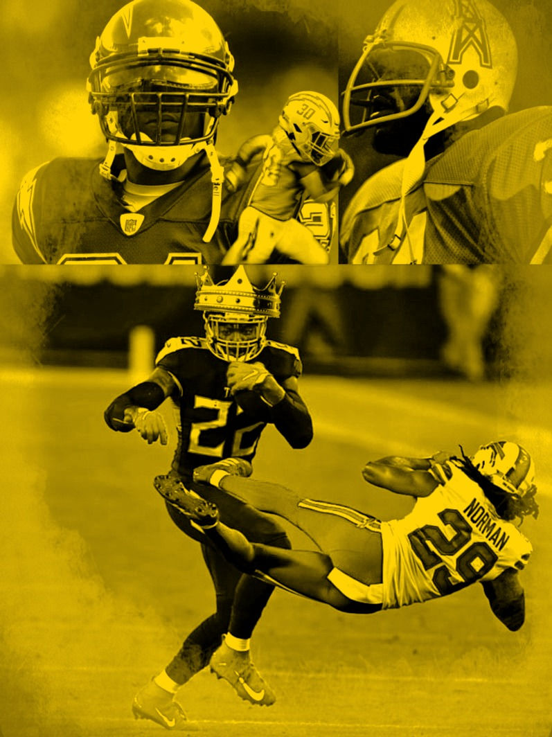 Collage of "King" Henry running and closeups of Oilers and Chargers of yore.