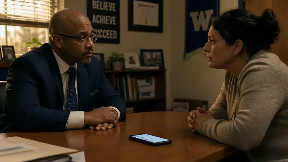 School principal and parent in a difficult conversation with a social media post visible on a phone between them.