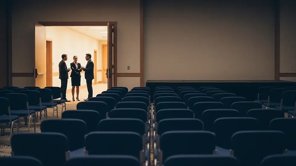 Rows of empty conference chairs face an empty keynote stage as three delegates talk in the lit corridor beyond