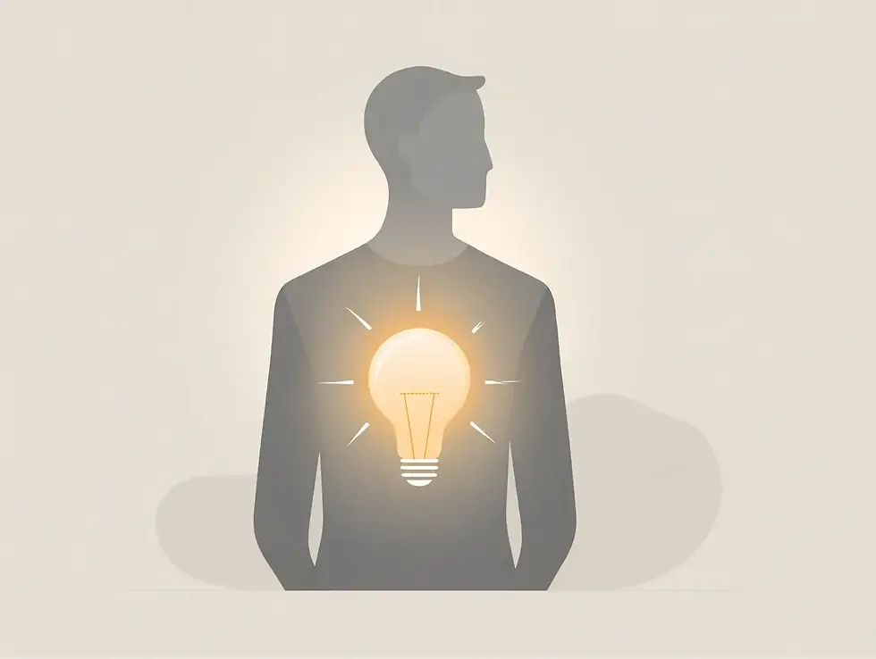 Minimalist illustration of a human silhouette with a glowing light bulb in the chest, symbolising inner insight, judgment, and the Genius of Discernment.
