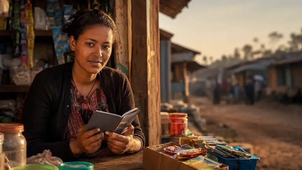 Woman entrepreneur at market stall at dawn, representing the global microfinance thought leadership movement
