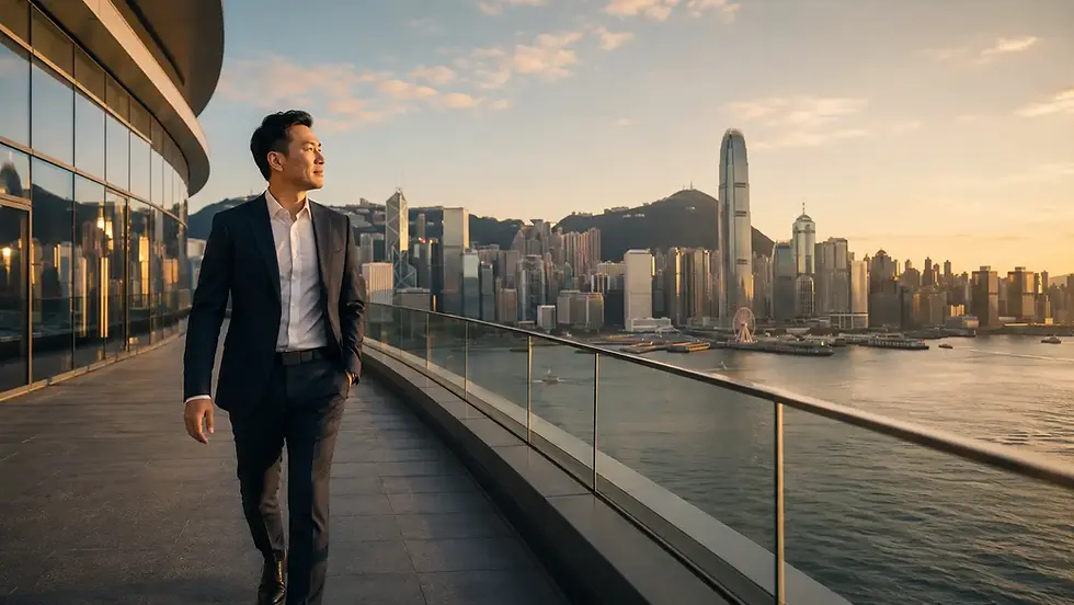 Technology leadership Australia New Zealand: professional surveys harbour city skyline at golden hour from glass building terrace