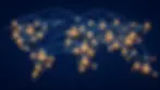 Network of glowing amber nodes connected by pale blue arcs across an implied world map on a deep navy background, abstract geometric figures in each node, isometric digital illustration