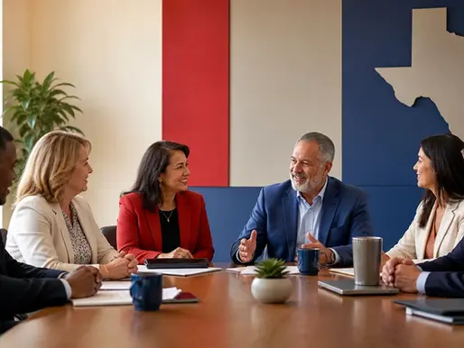 Association leaders collaborating in a bright Texas meeting room.