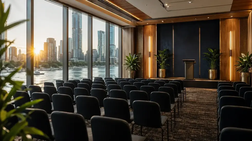 Brisbane riverside event venue staged theatre-style for a staff conference, with rows of seating facing a stage and the city skyline through floor-to-ceiling windows at golden hour.