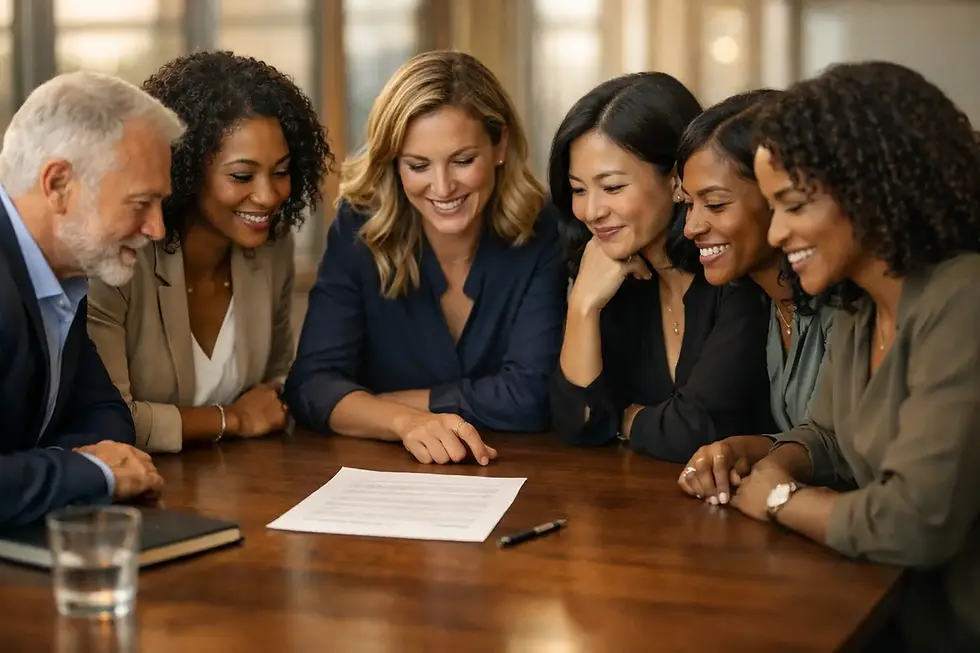 Photorealistic image of a diverse leadership team gathered around a modern boardroom table, with more women than men leaning in collaboratively toward a single one-page document at the centre. Warm natural light streams through large windows, highlighting engaged expressions, eye contact, and cooperative body language. The setting features navy and timber accents, shallow depth of field, and a professional corporate atmosphere conveying teamwork, inclusion, and focused decision-making.