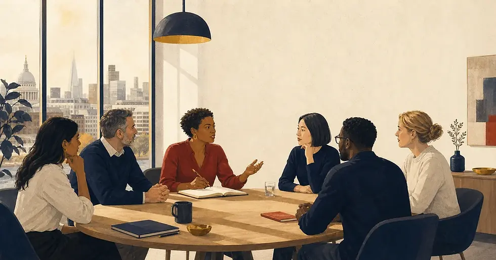 Colleagues in conversation around a table in a bright modern UK office, warm editorial illustration.