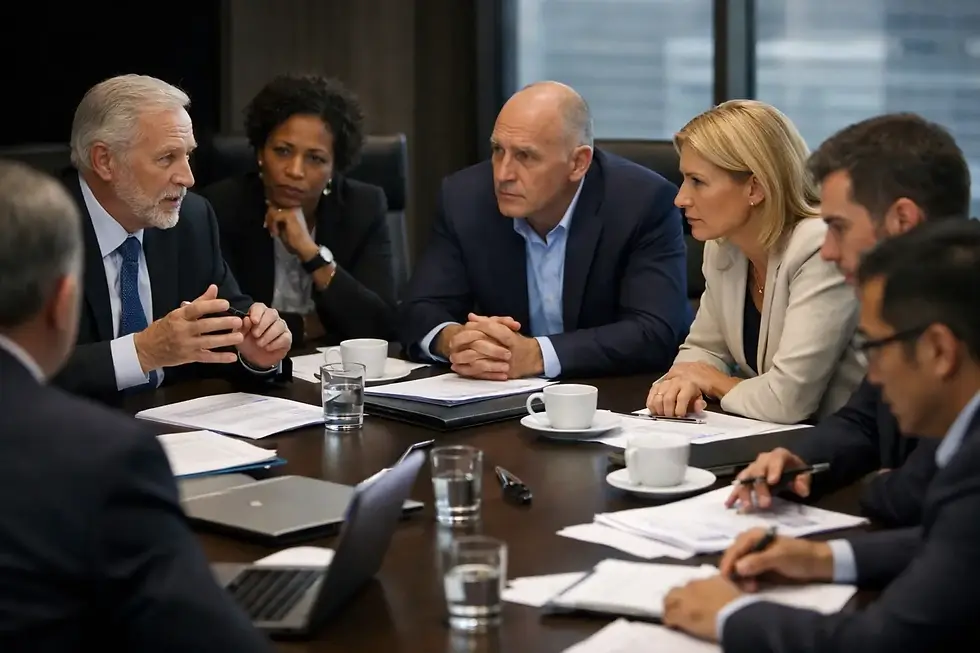 Six senior executives seated around a boardroom table in a focused, high-stakes discussion, leaning in with serious expressions as documents and laptops lie open between them.