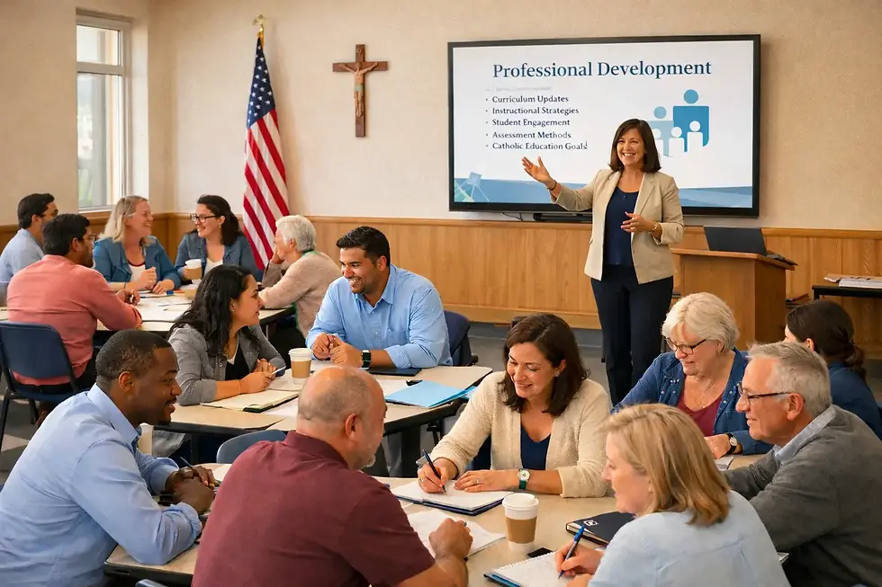 Catholic school educators in the United States collaborating during a professional development session in a school conference room