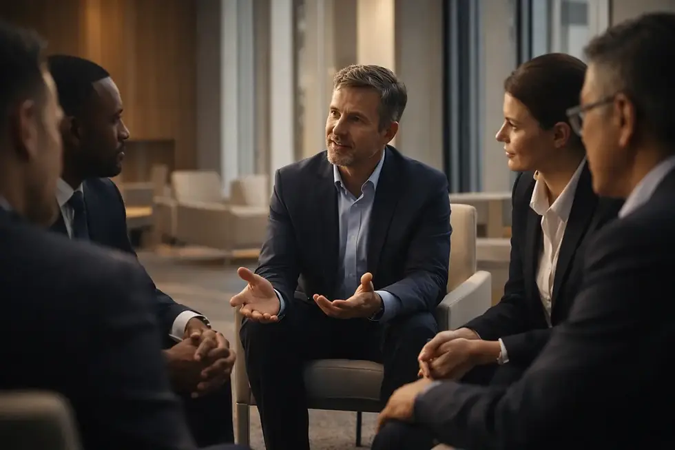 Diverse executive leadership team seated in a semi-circle during an honest discussion in a modern boardroom, one leader speaking openly while others listen attentively, conveying psychological safety, vulnerability-based trust, and collaborative leadership.