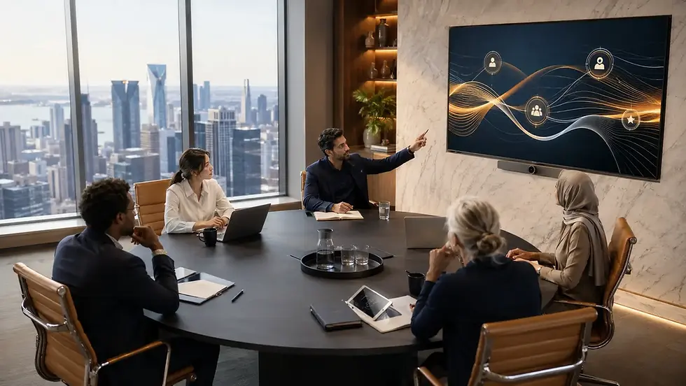 Diverse professionals in a modern boardroom discussing global talent acquisition strategy around a circular meeting table.