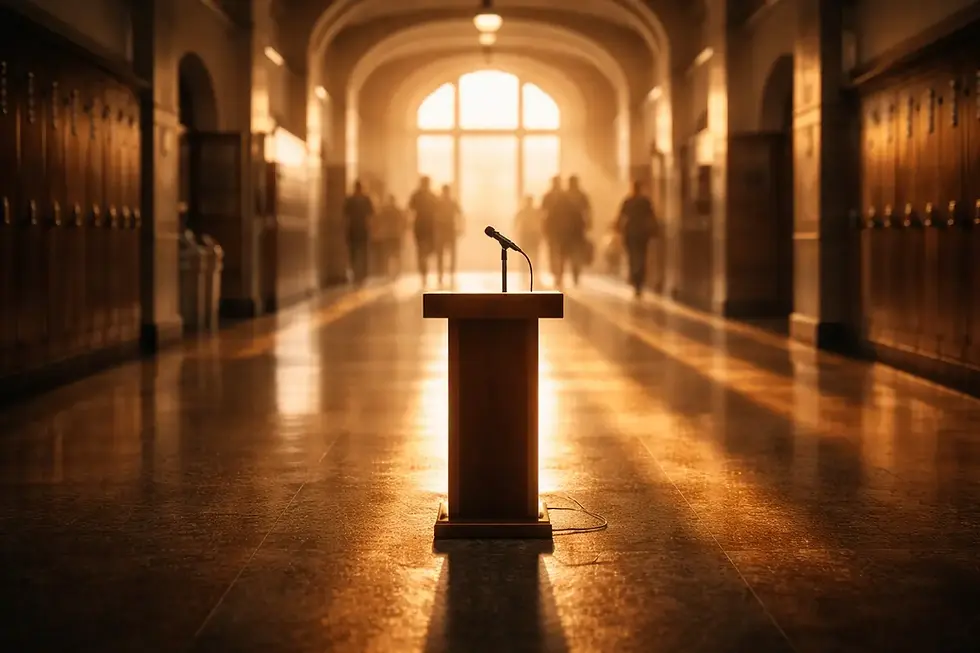 Sunlit New York City school corridor with empty podium symbolising inspirational speakers for school assemblies in NYC