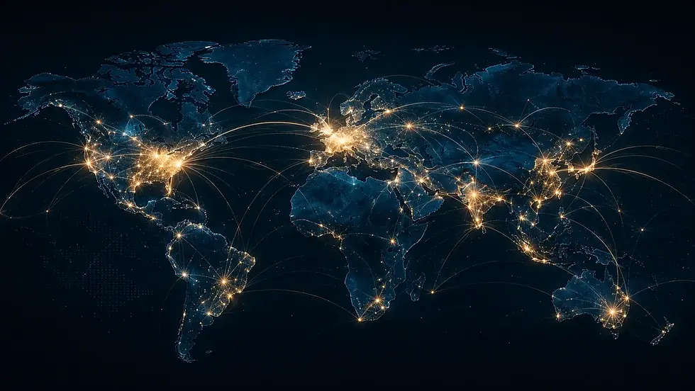 Global engineering leadership network map showing connected nodes across six continents in navy and amber