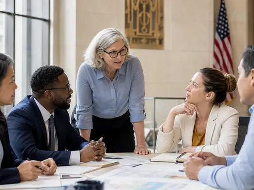 Public-sector colleagues collaborating around a table in a bright city hall meeting room.