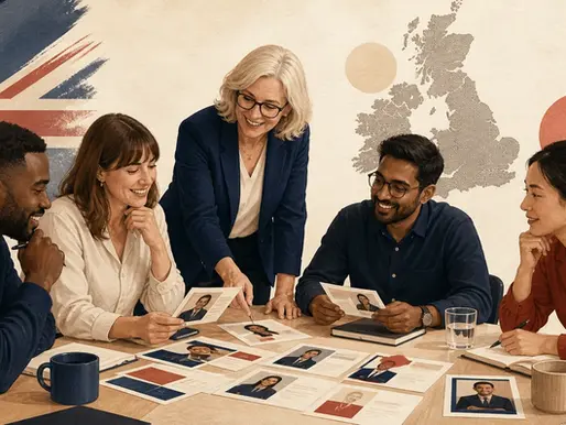 Editorial illustration of a UK speaker bureau team reviewing speaker cards around a table.