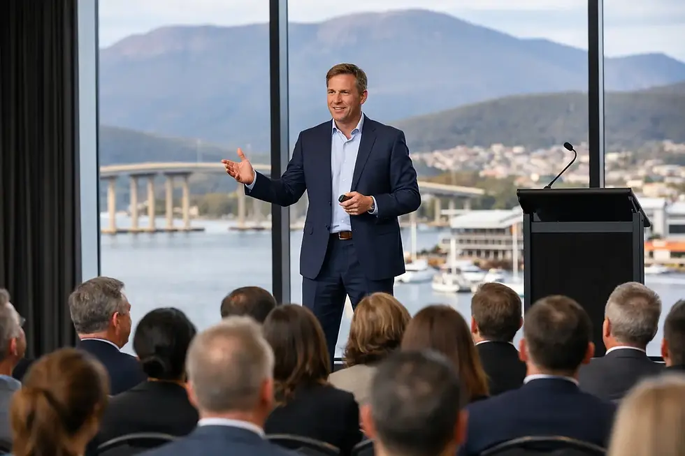 Keynote speaker presenting to a corporate audience in Hobart, standing on stage with the Tasman Bridge and Mount Wellington visible through large windows behind him.
