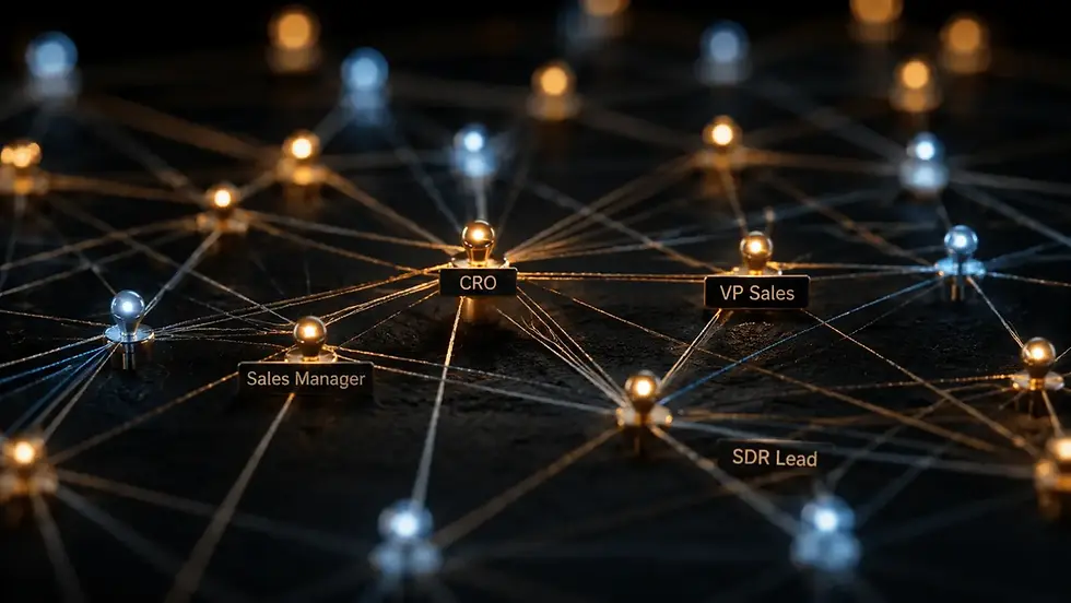 Global sales leadership thought leaders shown as connected nodes across a world map, warm amber and blue tones, night.