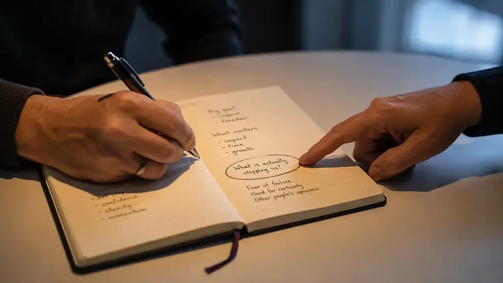 
07:02
Two hands at a white table, one writing and one pointing to a circled coaching question in a notebook, warm desk lamp light.