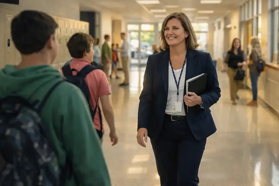 New school principal walking through a bright school corridor greeting students and staff during their first year in the role