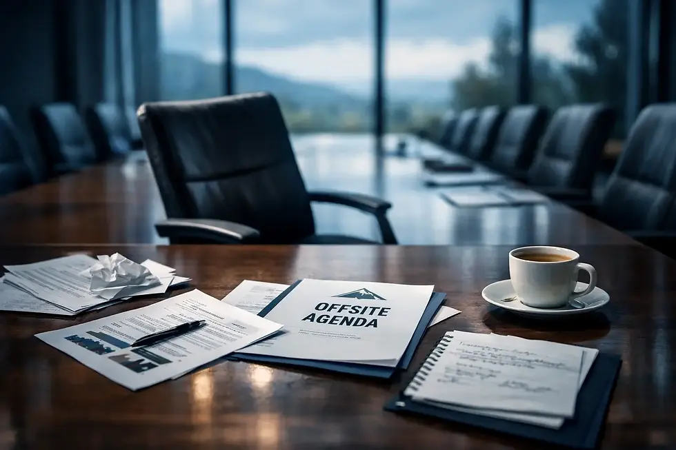 Empty boardroom with scattered papers showing warning signs of a failed leadership team offsite