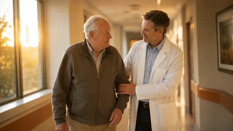 A GP in consultation leaning forward with a patient, warm natural light, conveying continuity of care in general practice medicine