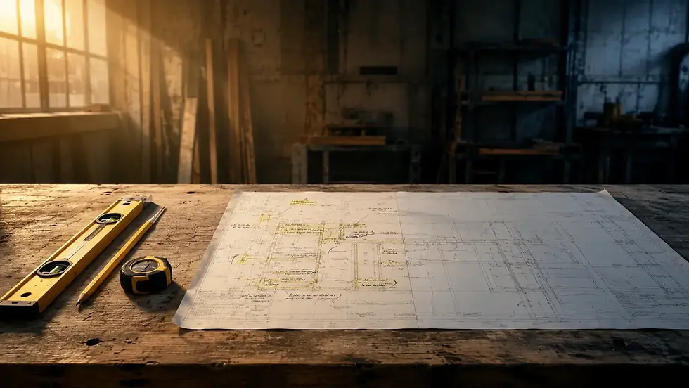 Worn timber workbench with annotated blueprint and tools arranged in sequence, warm amber light fading to cool grey