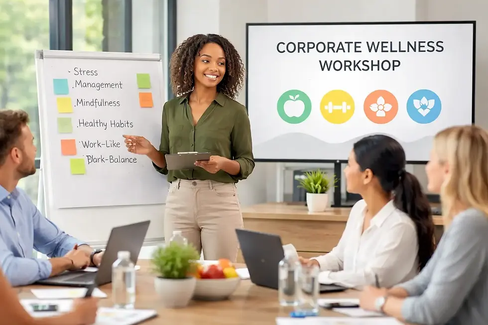 Diverse female facilitator leading a corporate wellness workshop, presenting stress management and work–life balance topics to an engaged team in a modern meeting room.
