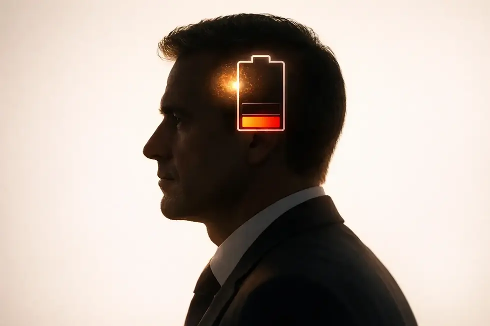 Leadership decision fatigue concept showing clock approaching 3pm with cognitive energy battery depleting over the day