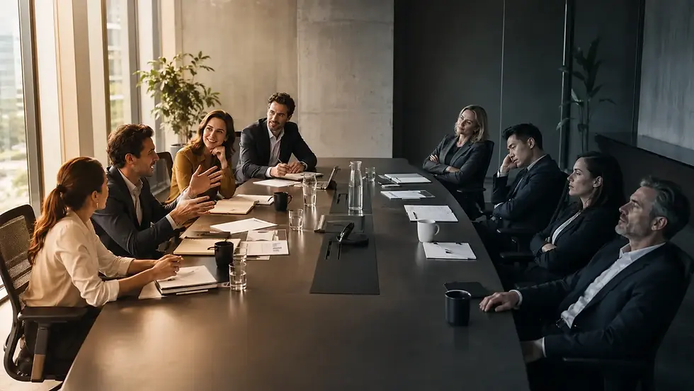 A boardroom split between engaged and drained team members illustrating Working Genius energy types in a team setting.